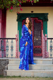 Blue Chiffon Floral Printed Saree with Pearl Lace Border