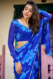Blue Chiffon Floral Printed Saree with Pearl Lace Border