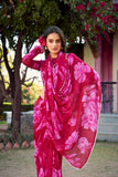 Pink Chiffon Floral Printed Saree with Pearl Lace Border