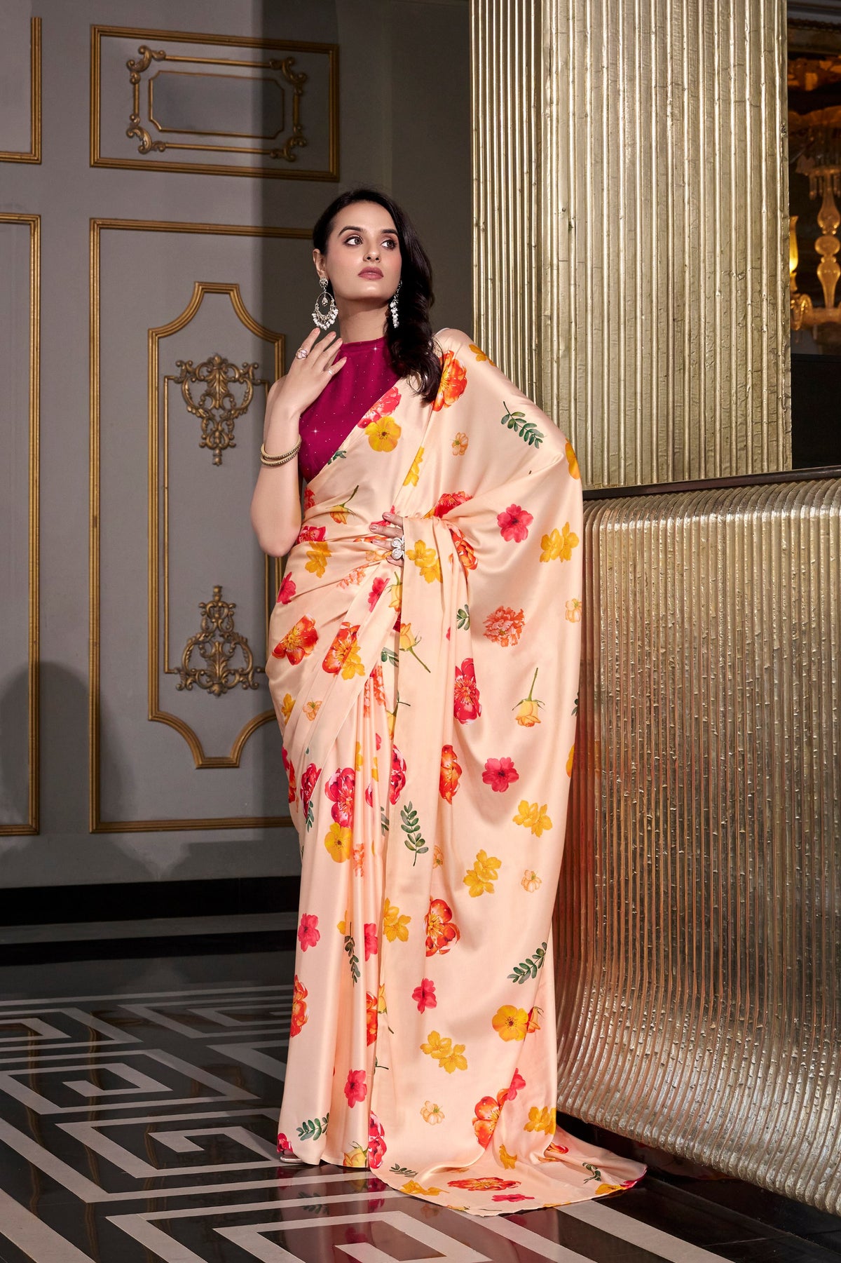 Cream Satin Glow Printed Silk Saree