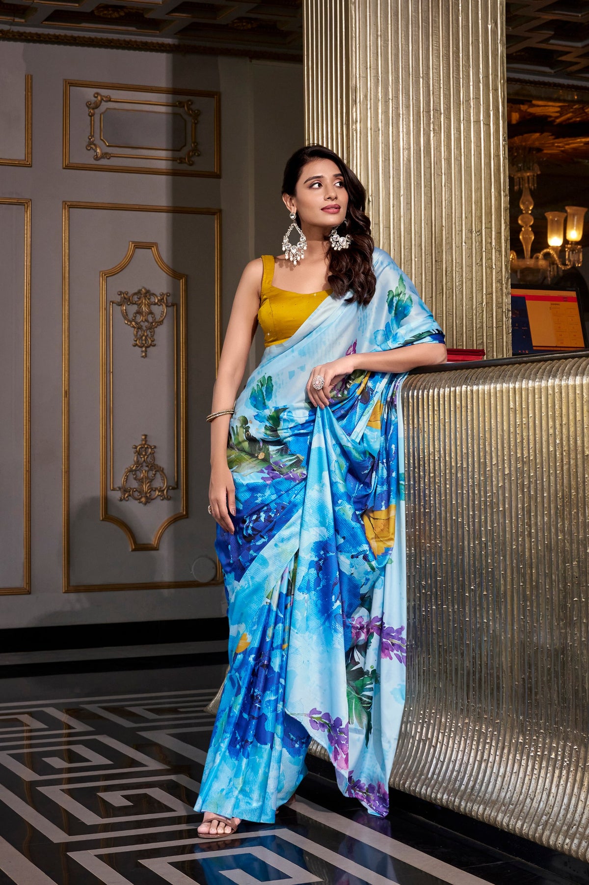 Sky Blue Satin Glow Printed Silk Saree