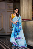 Sky Blue Satin Glow Printed Silk Saree