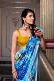 Sky Blue Satin Glow Printed Silk Saree
