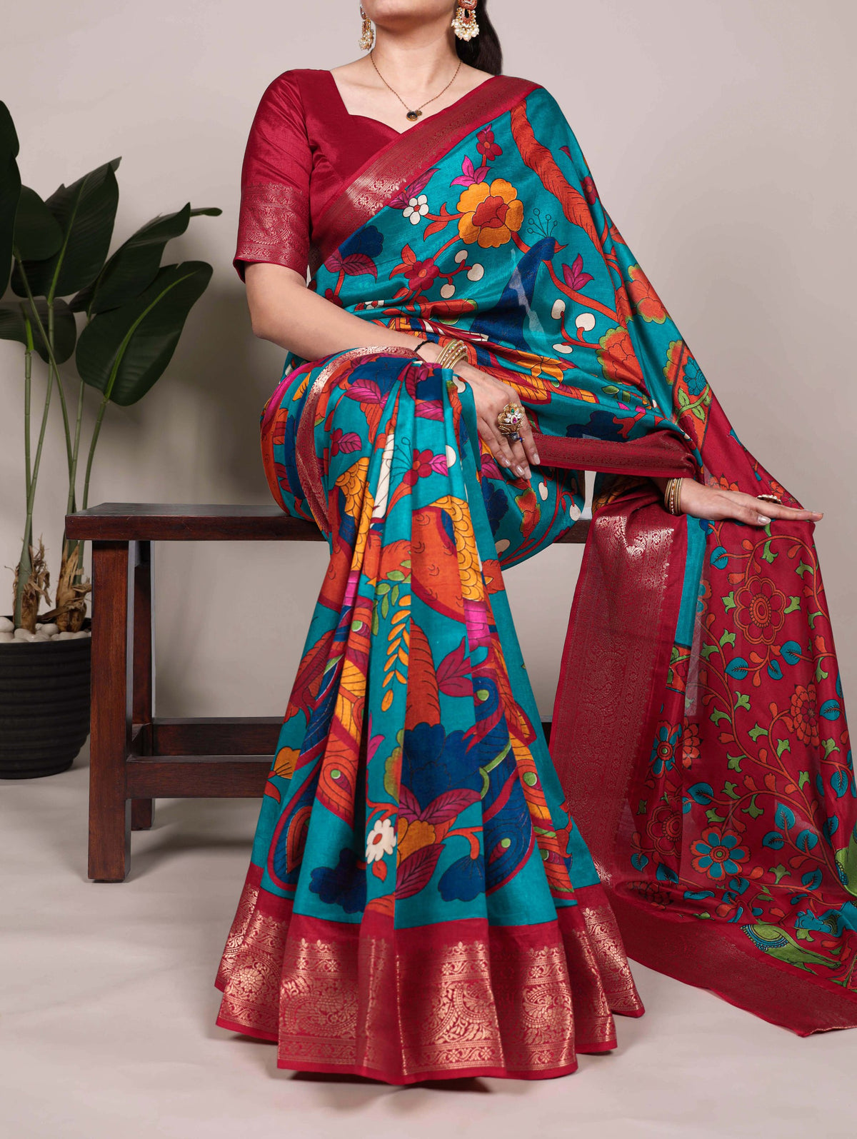 Firozi Tussar Silk Printed Saree with Zari Weaving Work