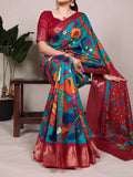 Firozi Tussar Silk Printed Saree with Zari Weaving Work