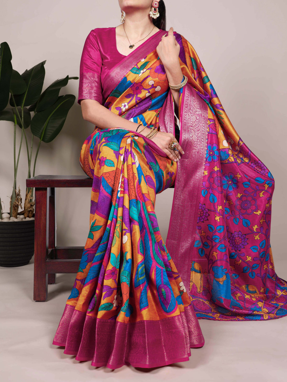 Mustard Tussar Silk Printed Saree with Zari Weaving Work
