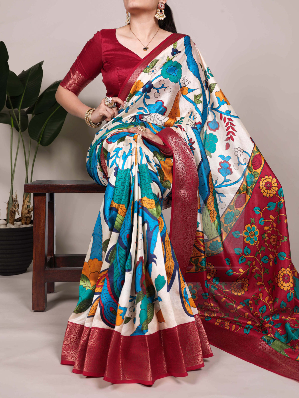 Off White Tussar Silk Printed Saree with Zari Weaving Work