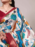 Off White Tussar Silk Printed Saree with Zari Weaving Work