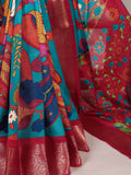 Firozi Tussar Silk Printed Saree with Zari Weaving Work