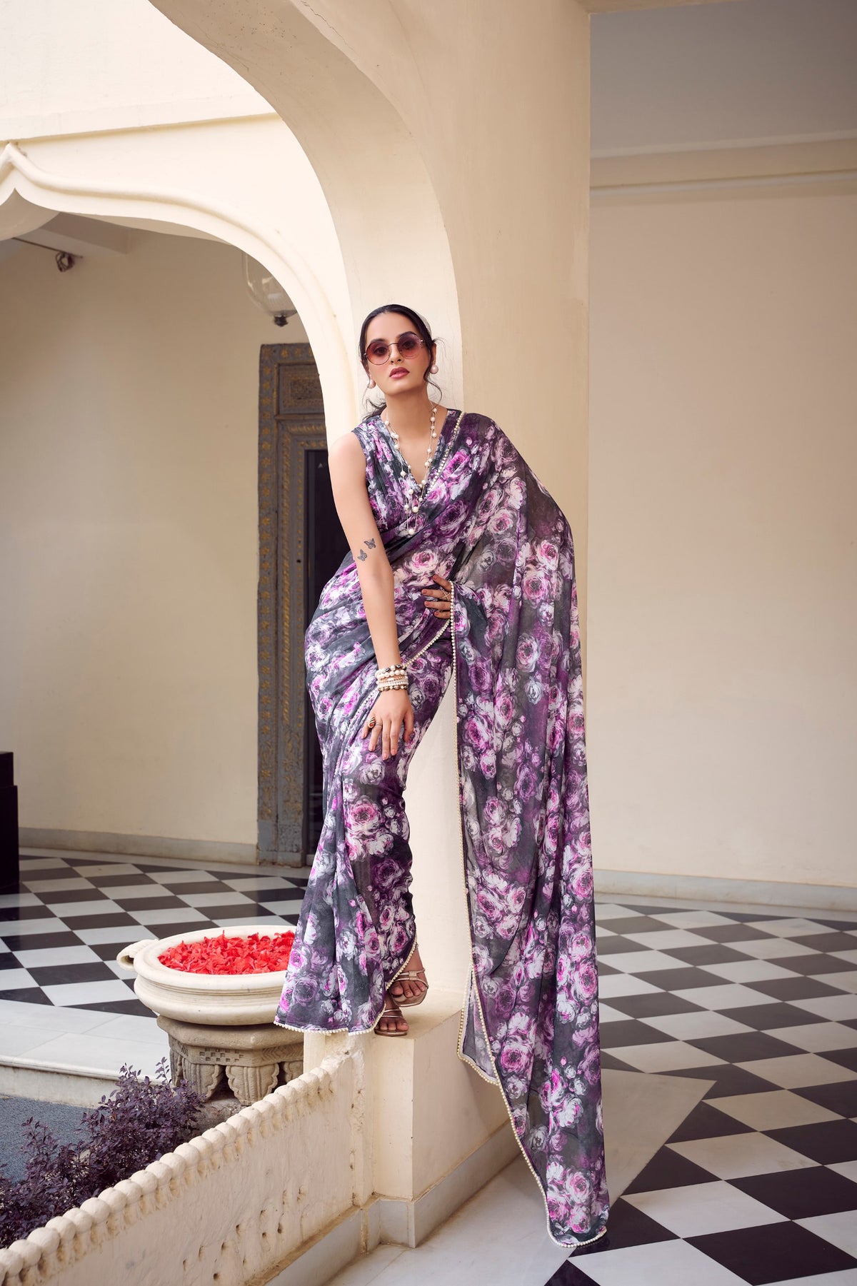 Deep Wine Marbel Floral Print Saree