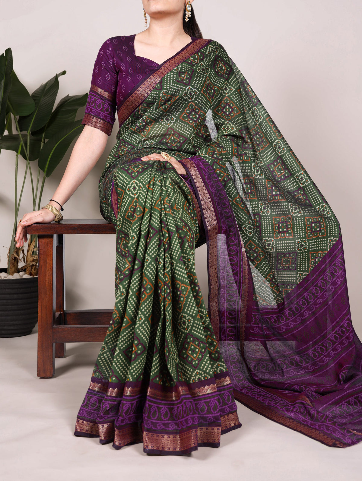 Mahendi Bandhej Printed Polyester Viscose Chanderi Saree