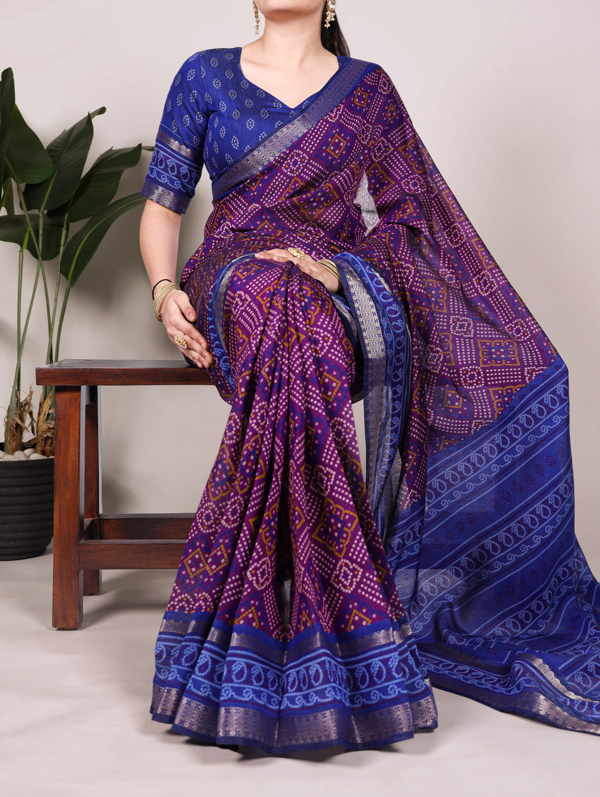 Purple Bandhej Printed Polyester Viscose Chanderi Saree