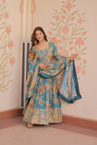 Blue Russian Silk Gown-Dupatta Set