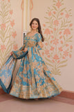Blue Russian Silk Gown-Dupatta Set