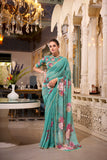 Green Georgette Printed Saree with Pearl Lace Border