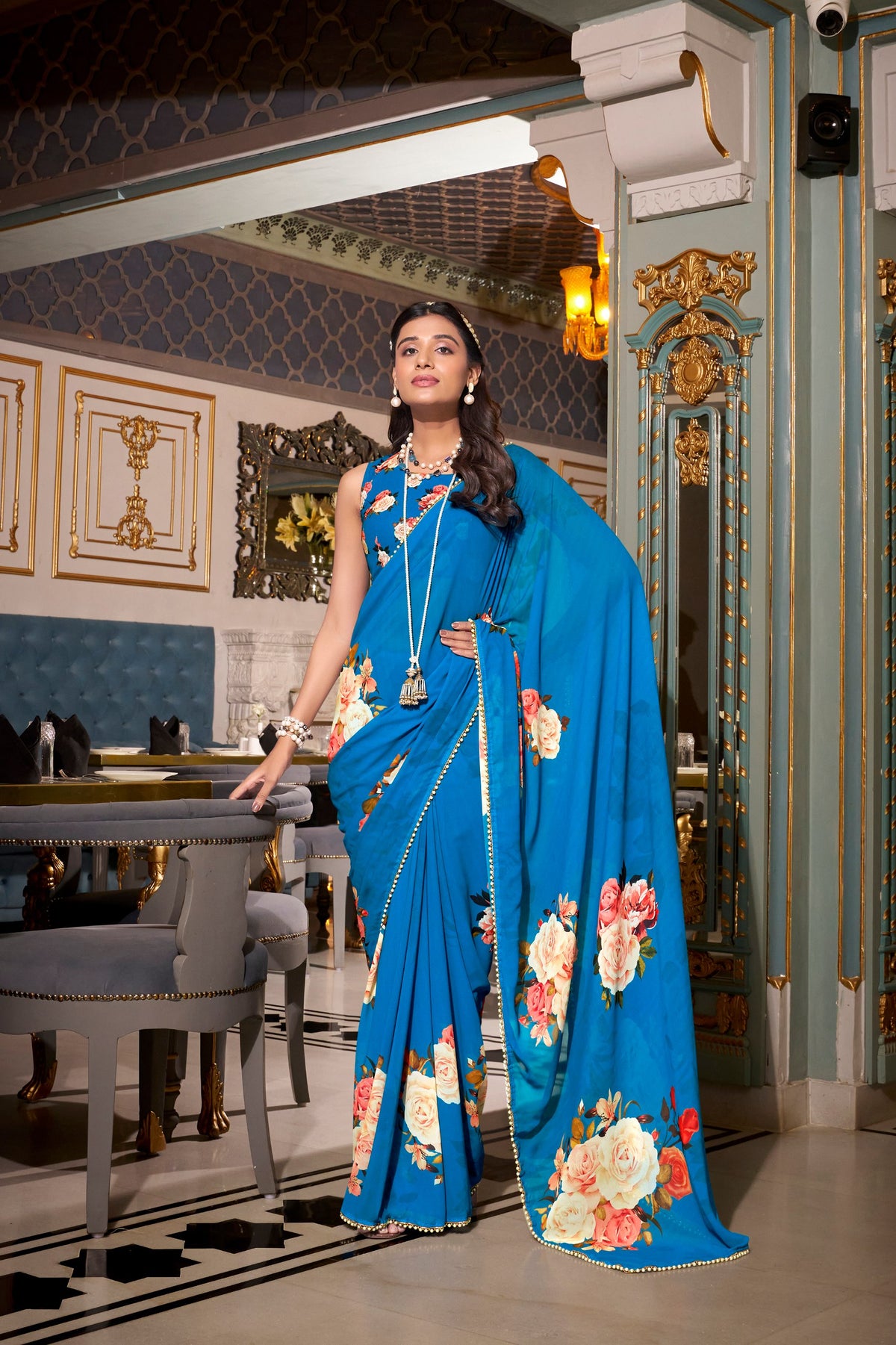 Firozi Georgette Printed Saree with Pearl Lace Border
