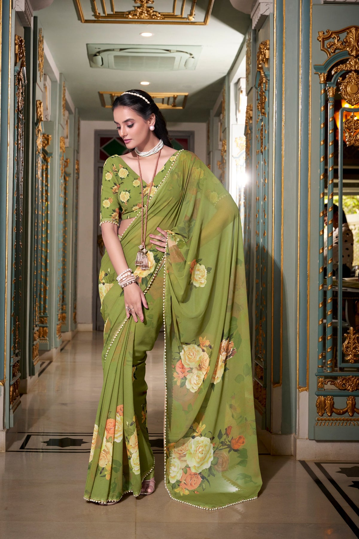Mahendi Georgette Printed Saree with Pearl Lace Border