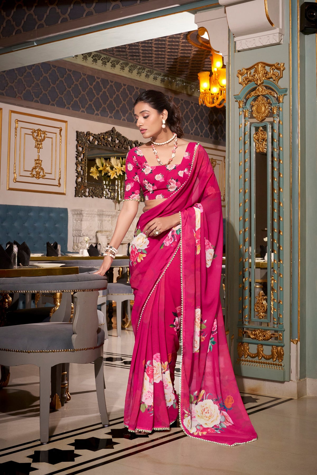 Pink Georgette Printed Saree with Pearl Lace Border