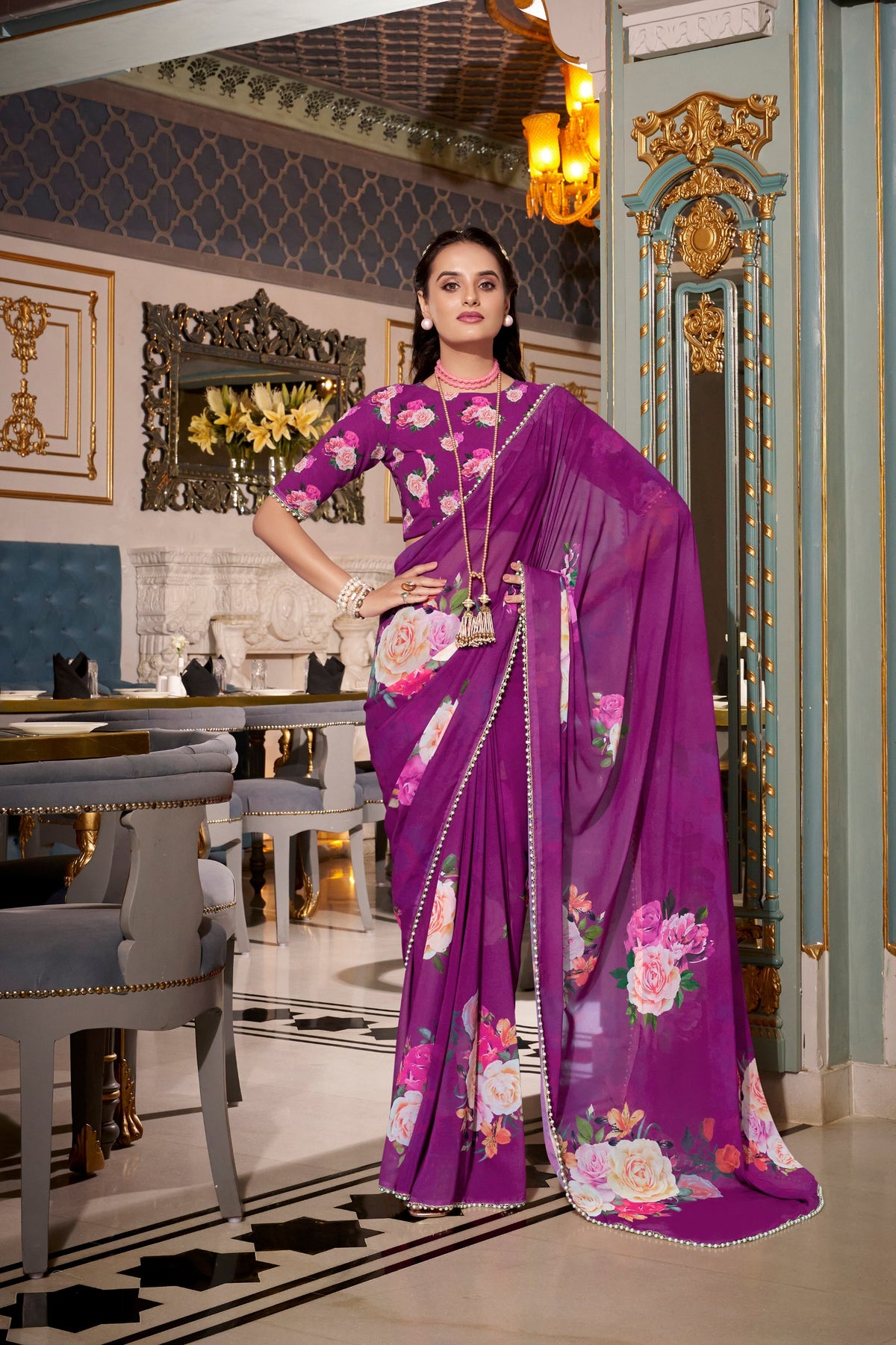 Purple Georgette Printed Saree with Pearl Lace Border