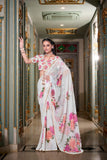 White Georgette Printed Saree with Pearl Lace Border