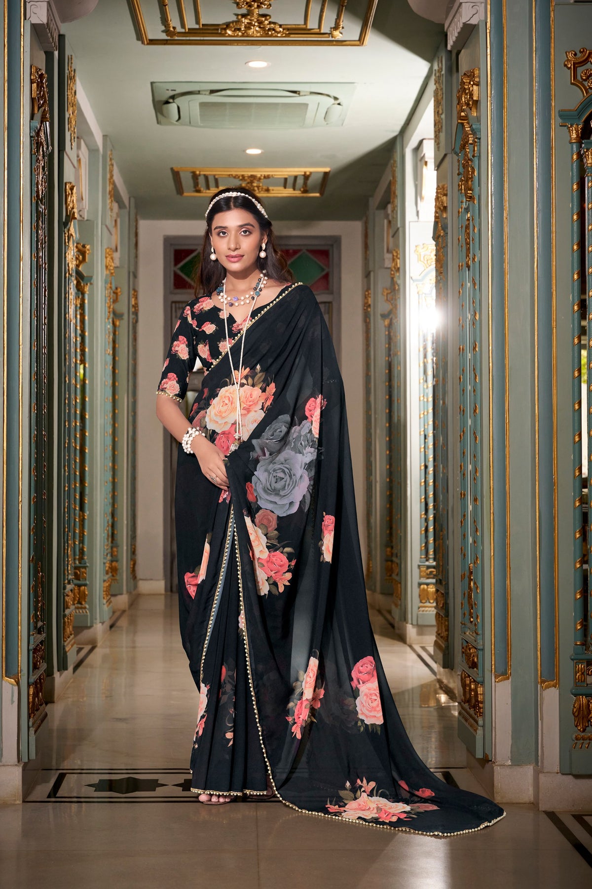 Black Georgette Printed Saree with Pearl Lace Border