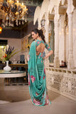 Green Georgette Printed Saree with Pearl Lace Border