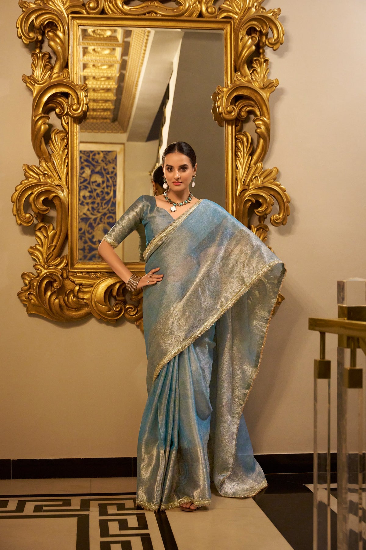 Sky Blue Tissue Shimmer Saree with Zari and Sequin Lace