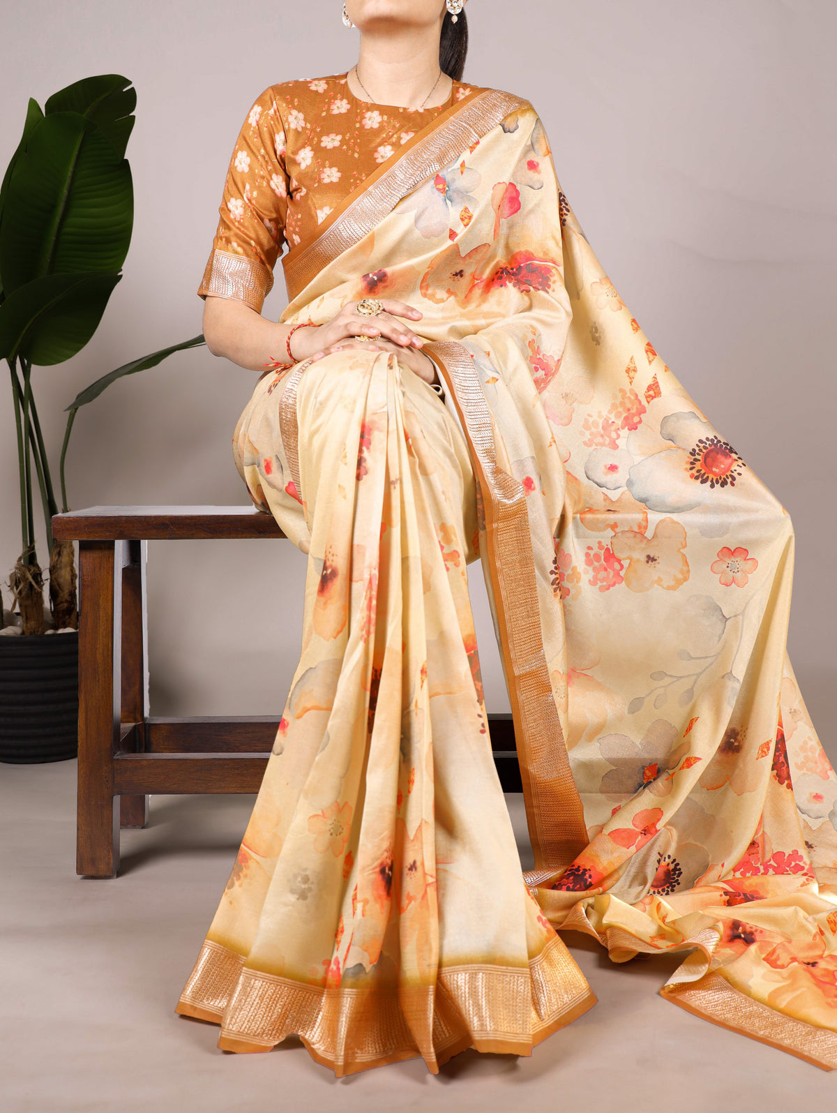 Cream Tasar Silk Floral Printed Saree with Viscose Border