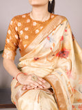 Cream Tasar Silk Floral Printed Saree with Viscose Border